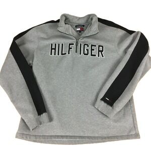 Tommy Hilfiger Jeans Mens Large Gray 1/4 Zip Pullover Sweatshirt Spellout Logo